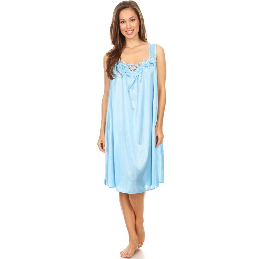 Women Nightgown Satin Sleepwear Female Sleep Dress Nightshirt Blue